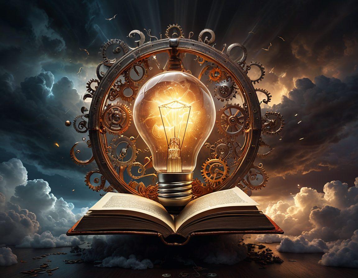 A glowing lightbulb surrounded by swirling, chaotic dark clouds, symbolizing clarity and truth amidst confusion. Inside the lightbulb, intricate gears represent the inner workings of honesty and understanding. Ethereal rays of light emanate from the bulb, illuminating scattered words and symbols of truthfulness like scales and open books. This scene blends a sense of hope and enlightenment. super-realistic. vibrant colors. dynamic lighting.