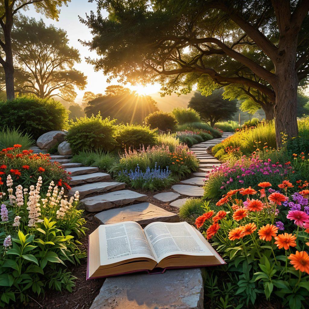 A serene landscape depicting a winding path from an open book overflowing with knowledge at one end to a radiant sunset symbolizing wisdom at the other. Along the path, diverse people of various ages gather, sharing ideas and experiences, surrounded by lush greenery and vibrant flowers. Ethereal light beams illuminate the scene, hinting at the transition from knowledge to wisdom. super-realistic. vibrant colors. soft lighting.